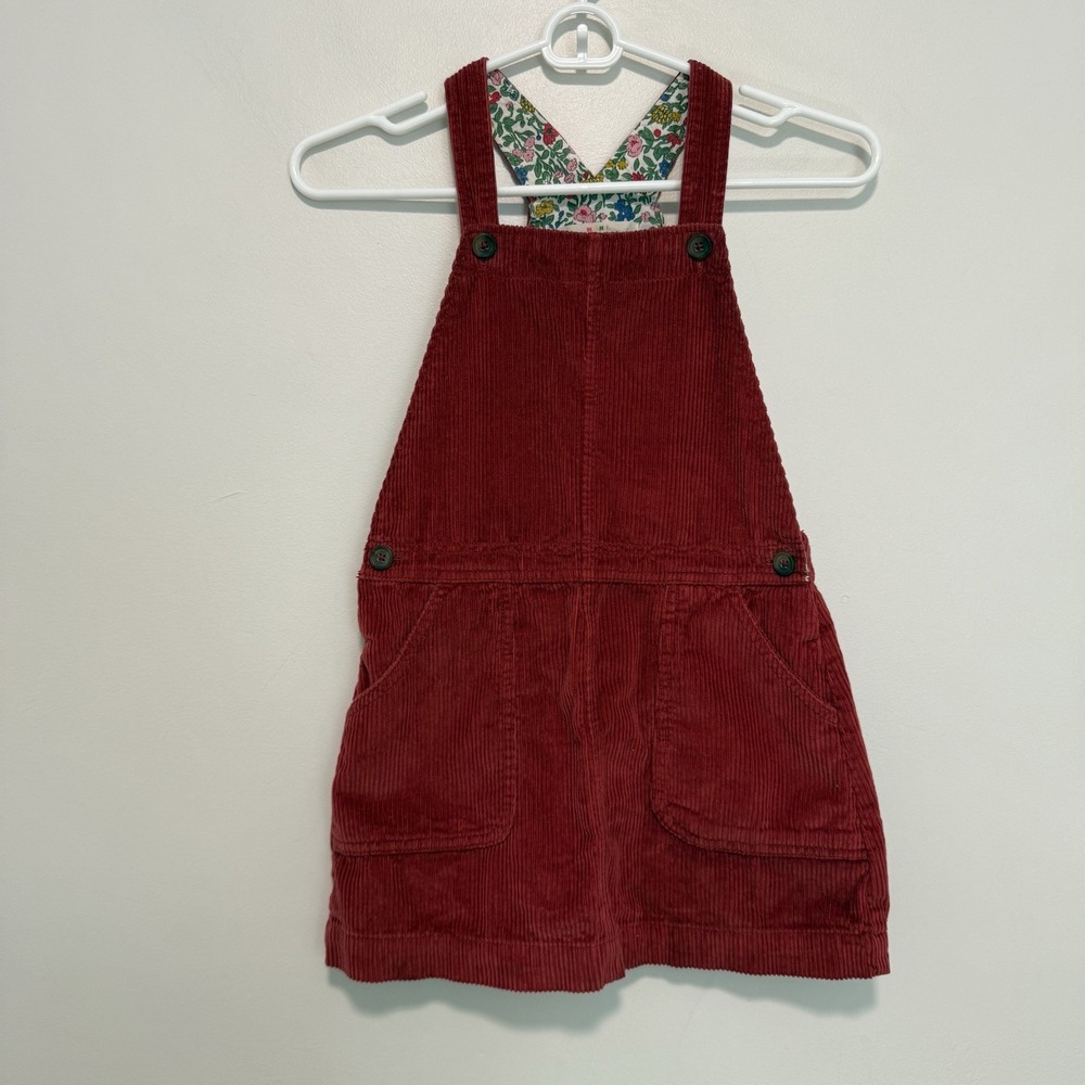 Mini Boden Red Corduroy Dungaree Floral Lined Dress Size 7-8Y